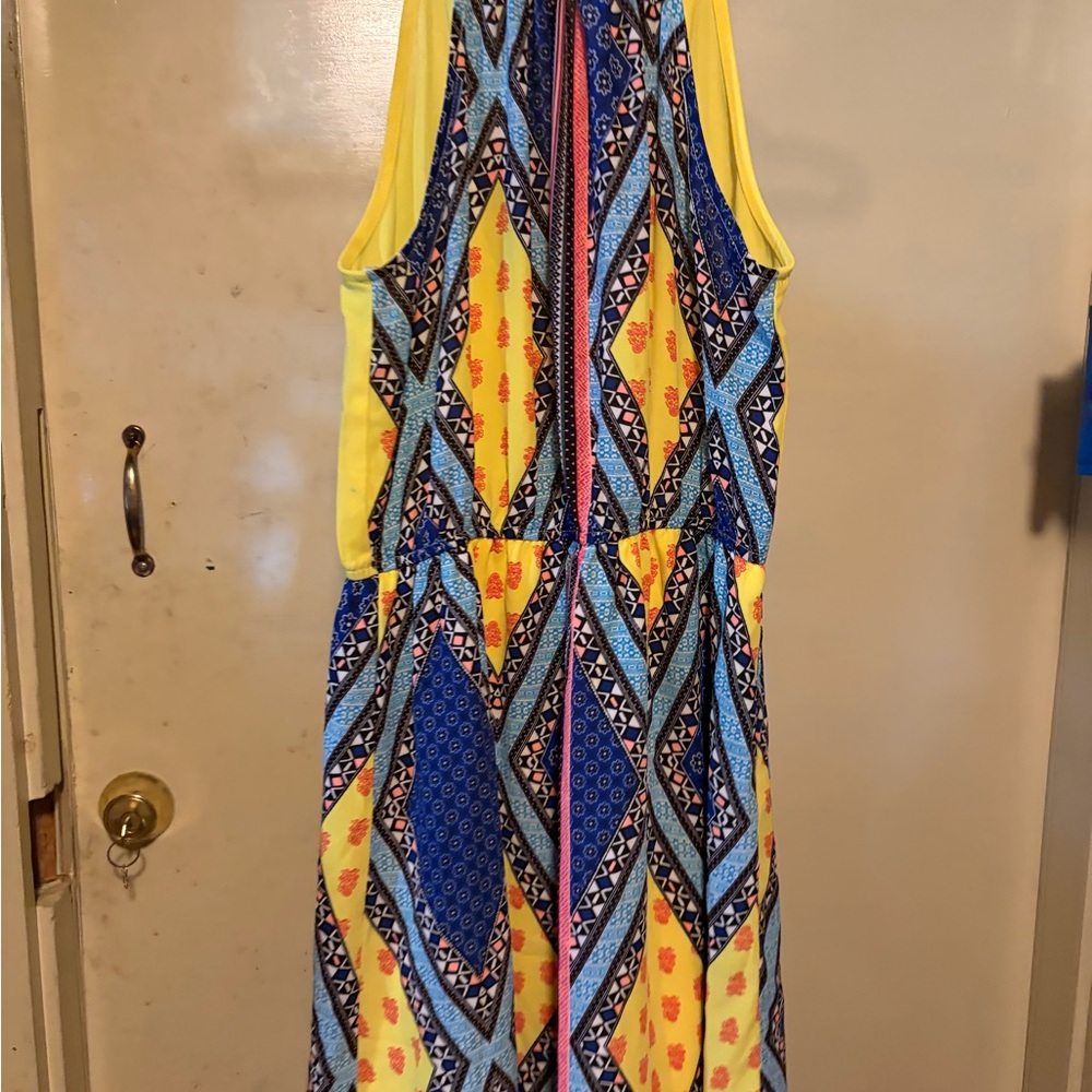 Yellow & Blue Geometric Sleeveless Dress